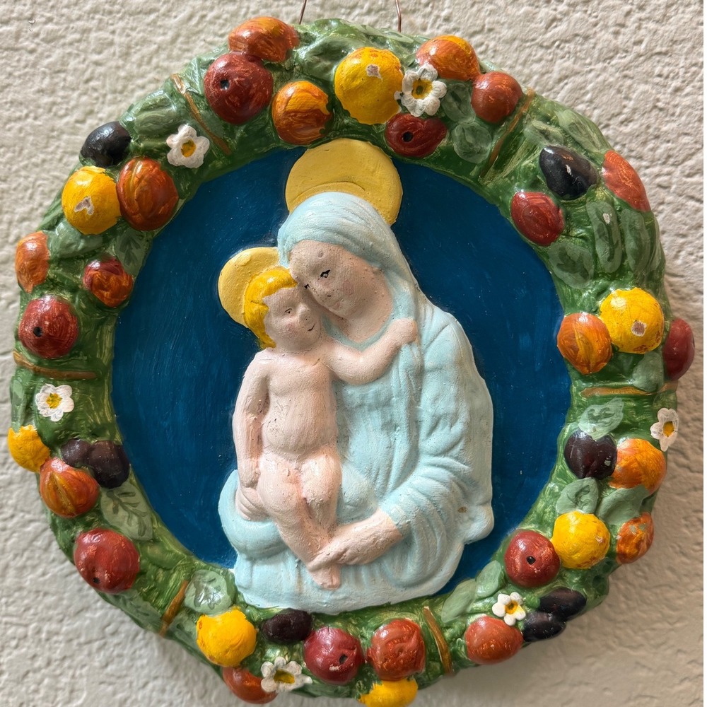 VTG Ceramiche d'arte Italian Terracotta Madonna Child Fruit Wreath Wall Plaque